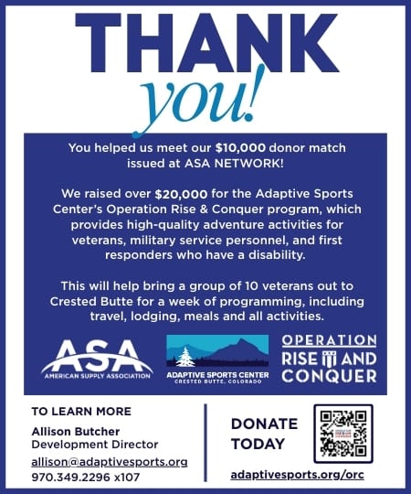 Thank you poster for Adaptive Sports Center, raising $20K for veterans & first responders program.