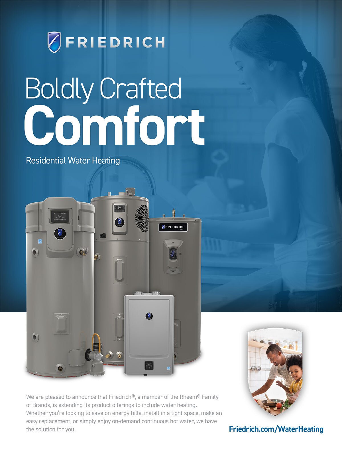 Friedrich Water Heating ad: Boldly Crafted Comfort, showcasing water heaters and benefits.