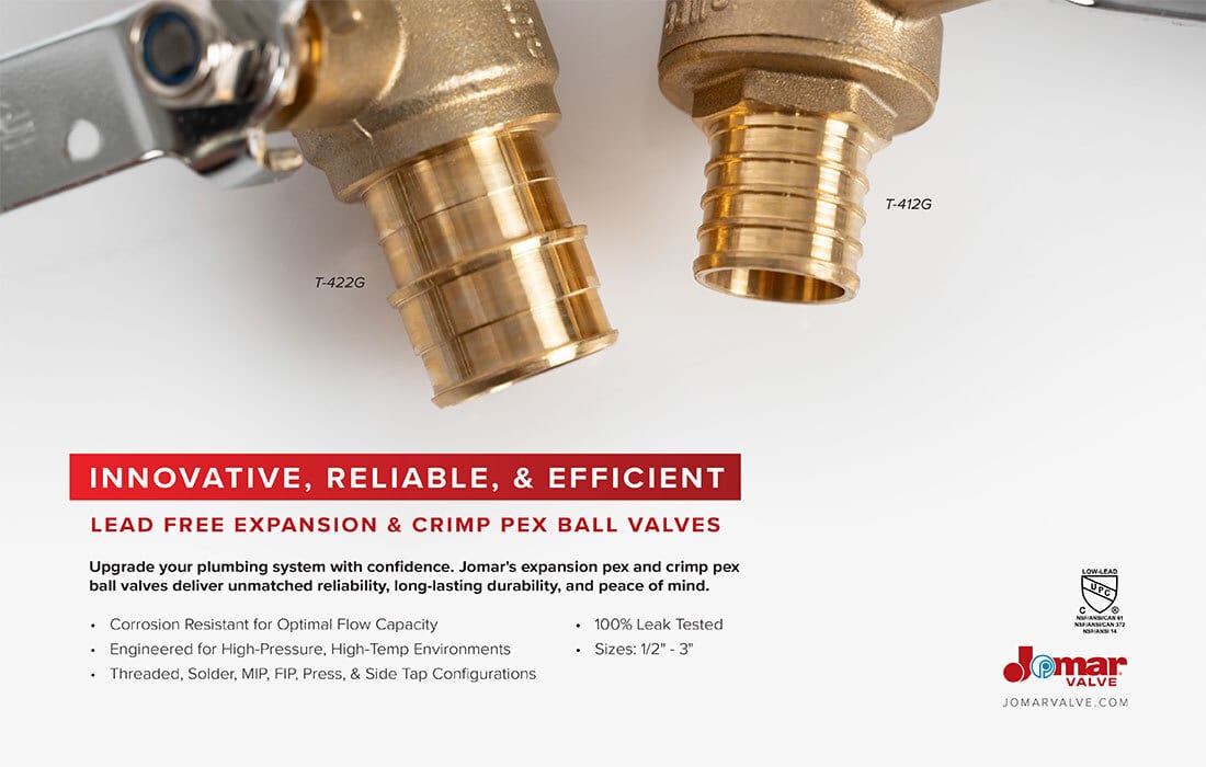 Two brass Jomar lead-free expansion & crimp PEX ball valves (T-422G, T-412G).