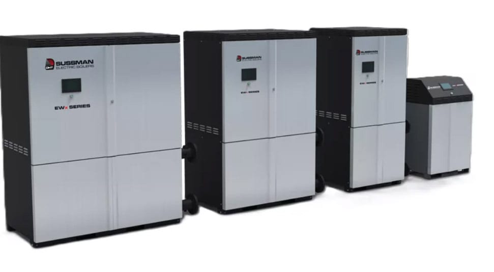 Lineup of Sussman EW-Series electric boilers in various sizes.