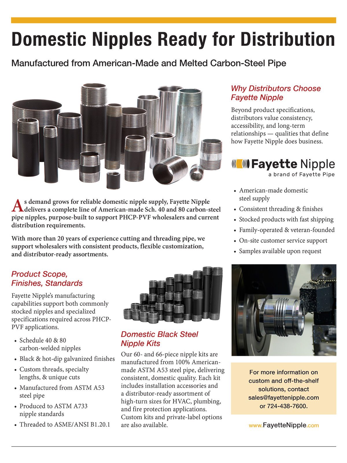 Fayette Nipple ad: American-made domestic carbon-steel pipe nipples and kits for distribution.