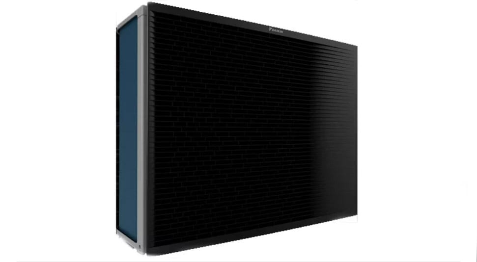 Daikin outdoor unit, a rectangular appliance with a dark textured front and a blue side panel.