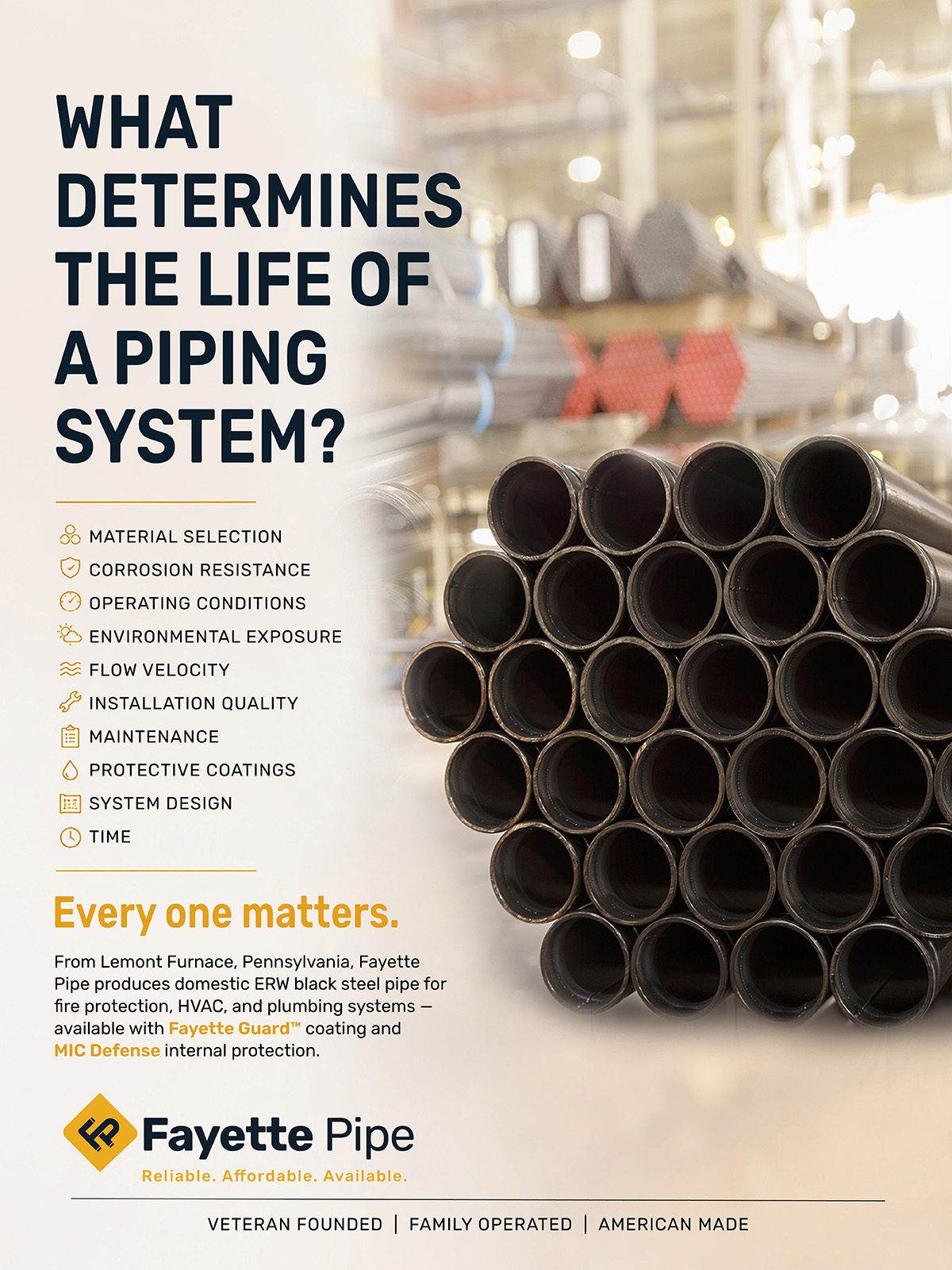 Stacked black steel pipes with text listing factors for piping system life and Fayette Pipe branding.