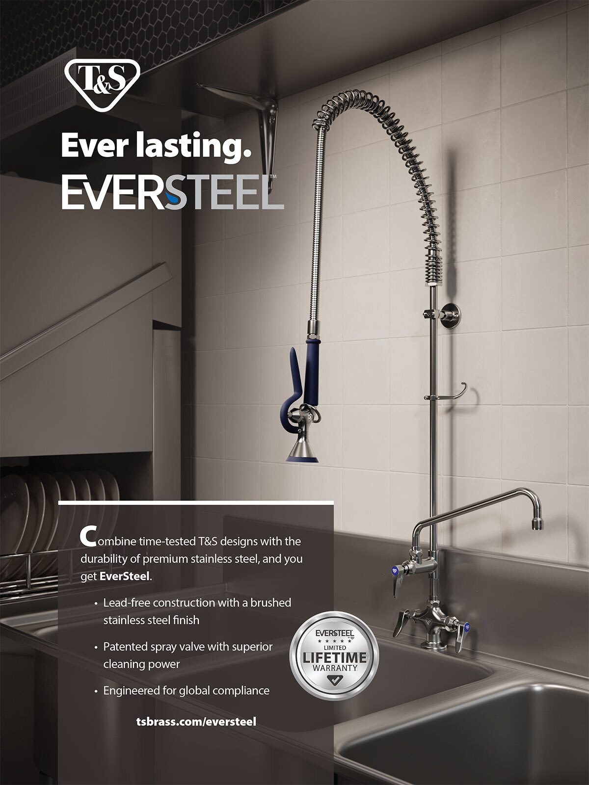 T&S EverSteel commercial kitchen pre-rinse unit & sink, featuring a limited lifetime warranty.