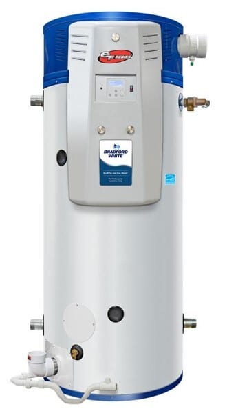 White and blue Bradford White tank water heater with a digital display and plumbing.