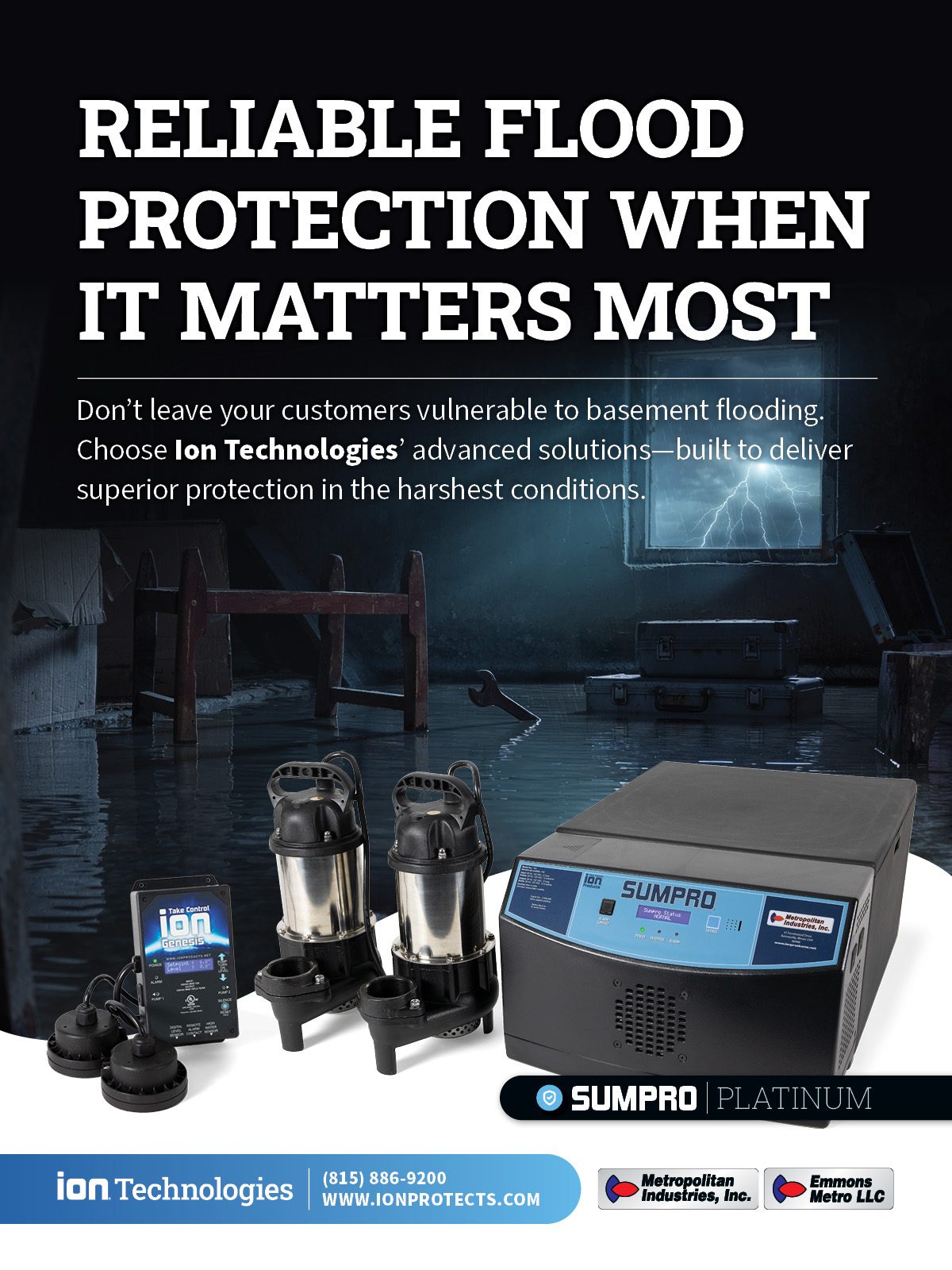 Ion Technologies' advanced flood protection systems, including sump pumps and controllers, for basements.