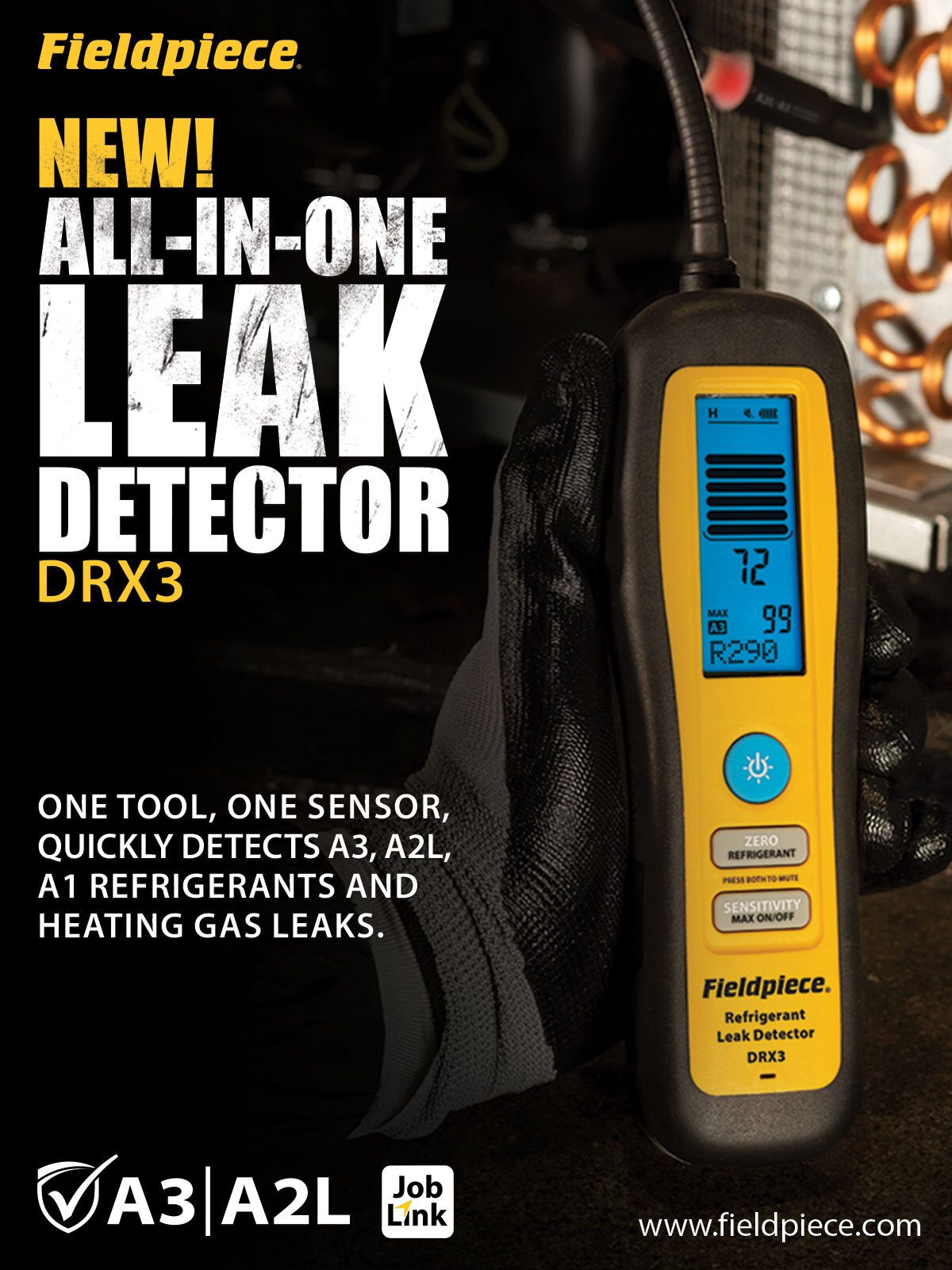 Fieldpiece DRX3 Leak Detector: One tool for A3, A2L, A1 refrigerants and heating gas leaks.