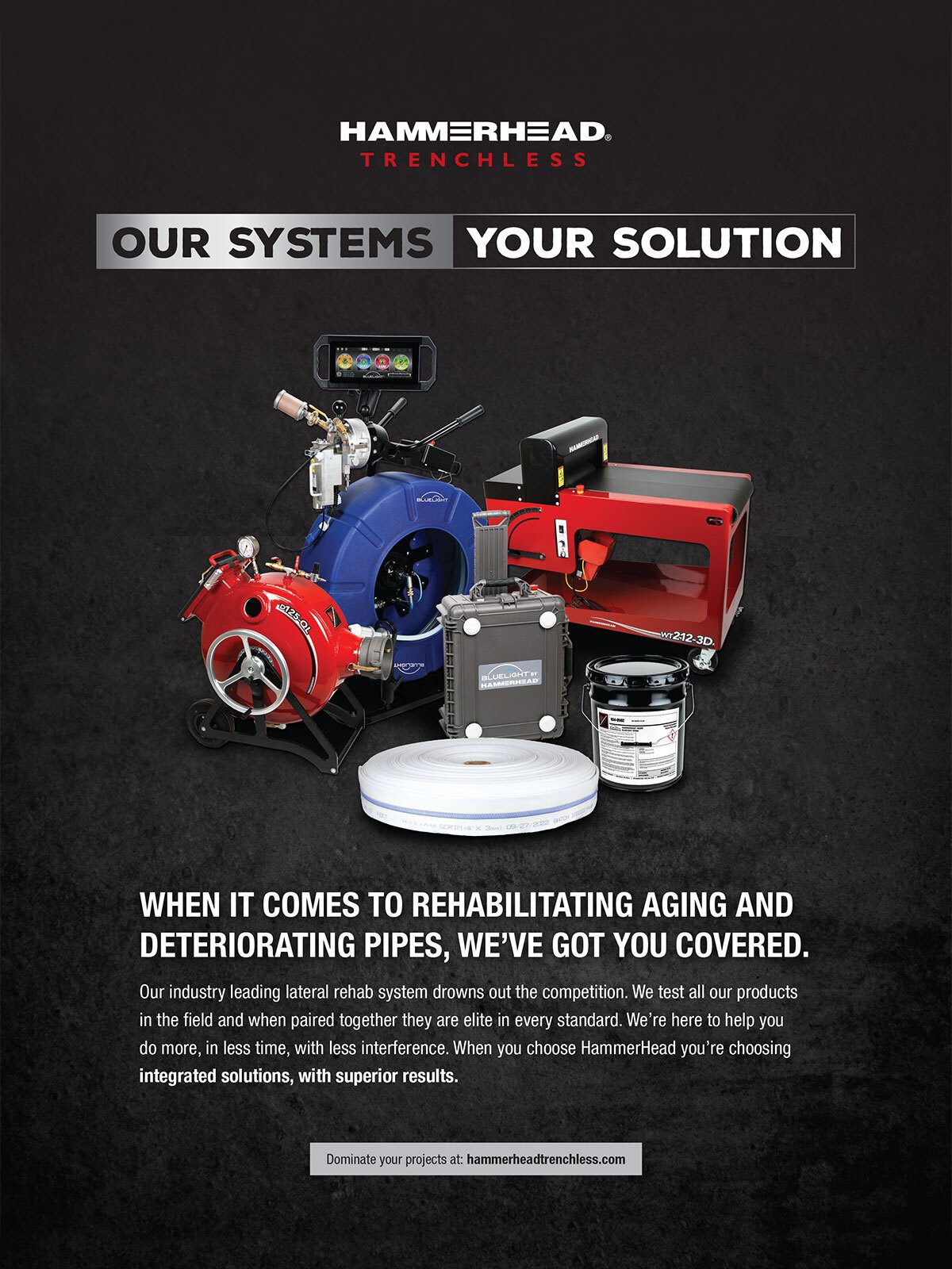 HammerHead Trenchless pipe rehabilitation systems for aging pipes.