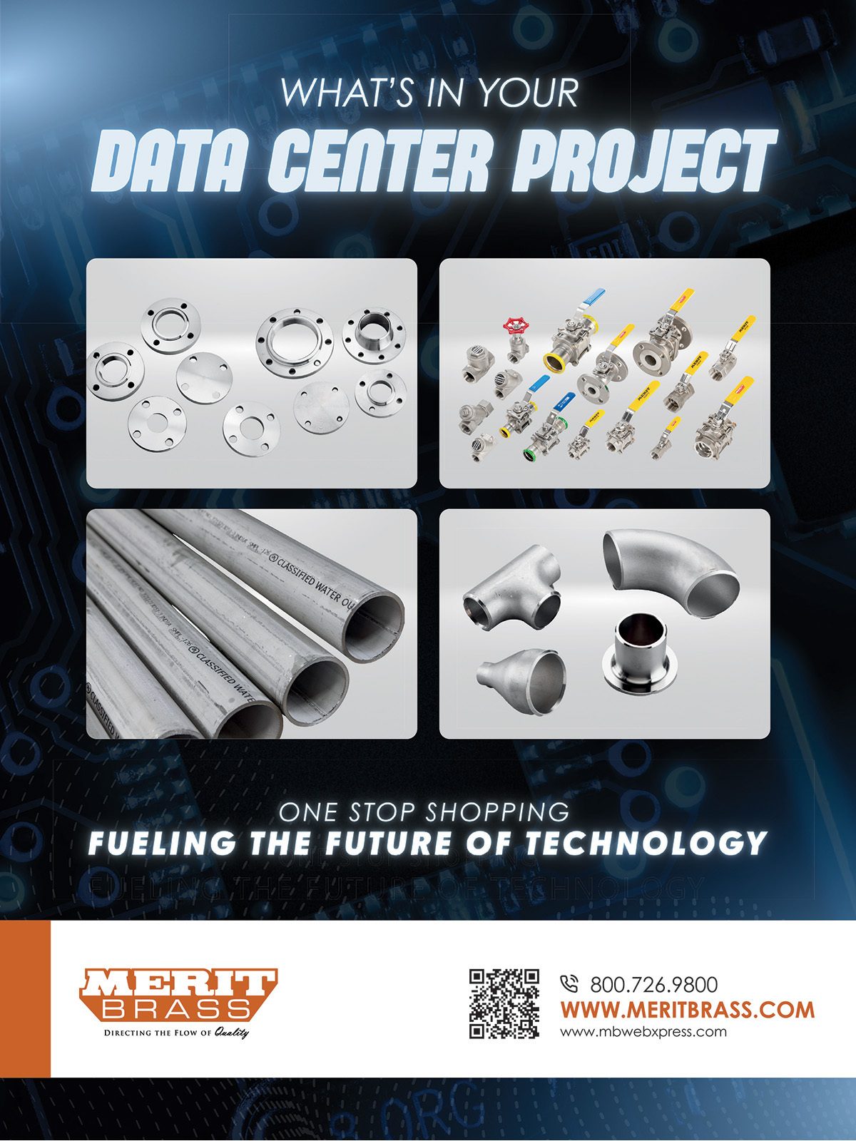 Merit Brass ad displaying industrial components: flanges, valves, pipes, and fittings for data centers.