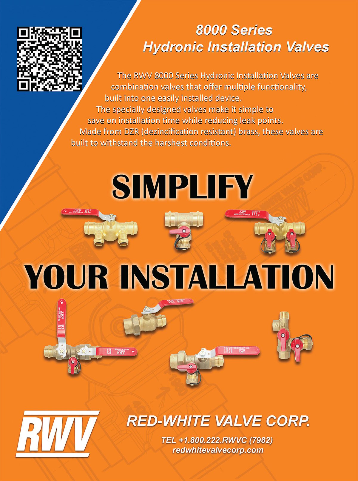 Ad: RWV 8000 Series DZR brass hydronic installation valves to simplify installation.