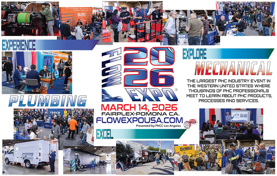 Collage: FLOW 2026 EXPO, a plumbing and mechanical industry event with people, booths, and equipment.