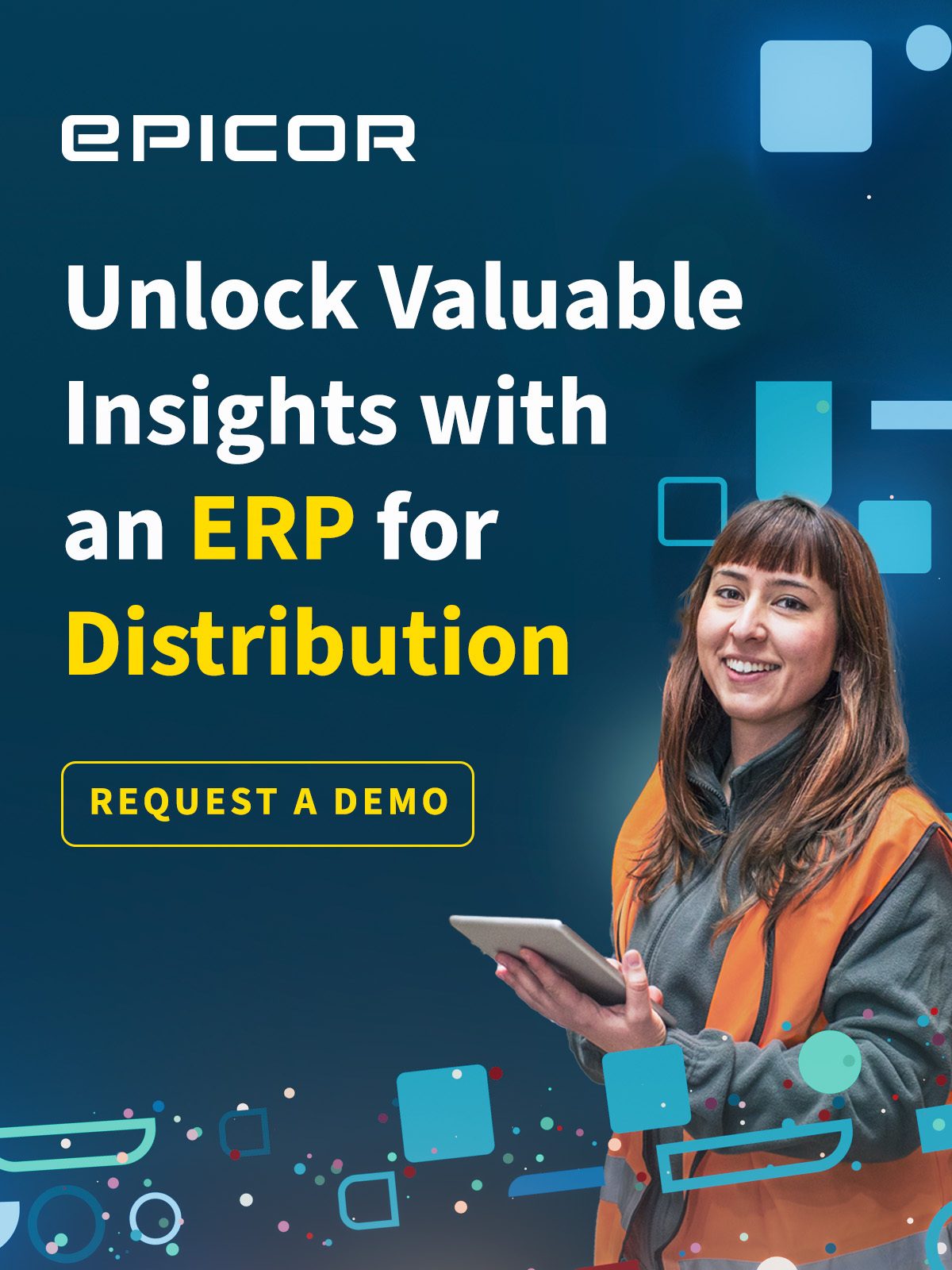 Smiling woman with tablet, showcasing Epicor's ERP for Distribution, unlocking valuable insights.