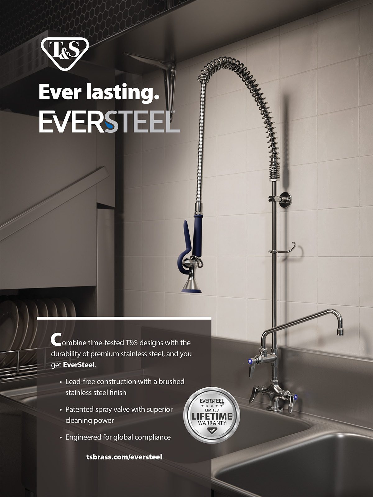 Durable T&S EverSteel commercial pre-rinse faucet in a kitchen sink.