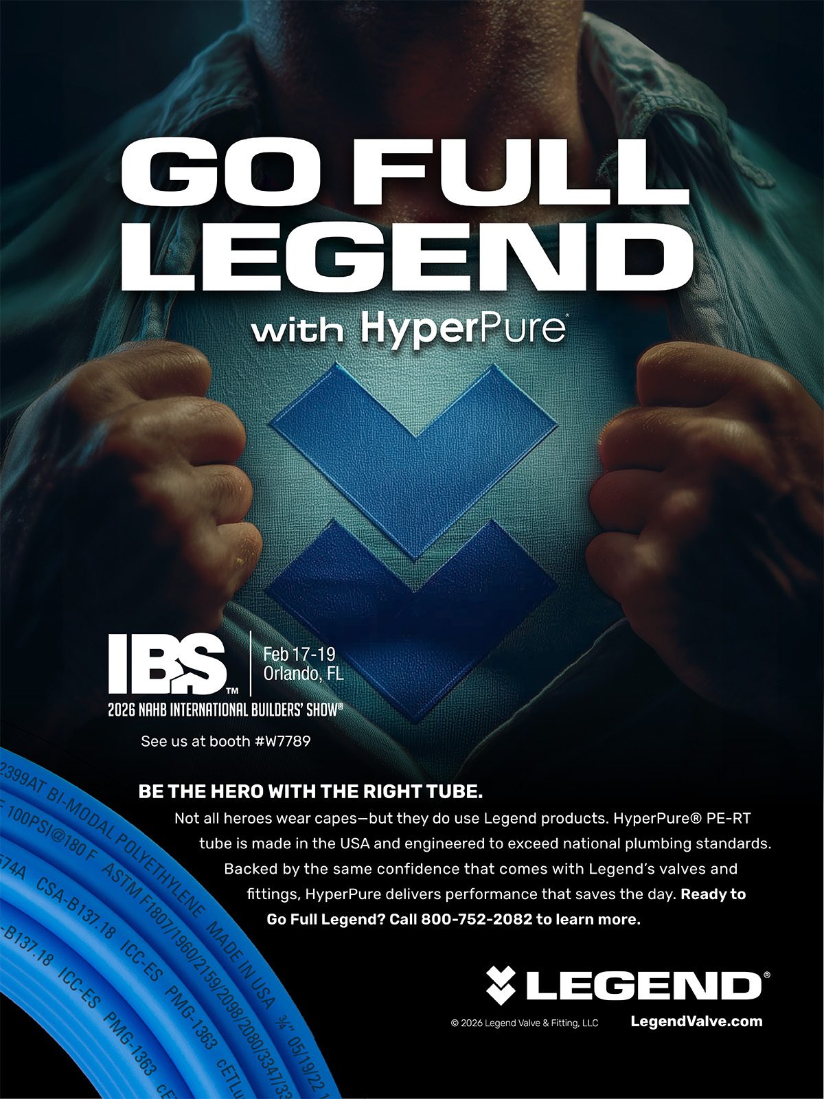 Superhero-like man promoting Legend HyperPure plumbing tubes for the IBS 2026 show.