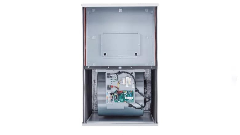 HVAC air handler interior with blower fan and control board.