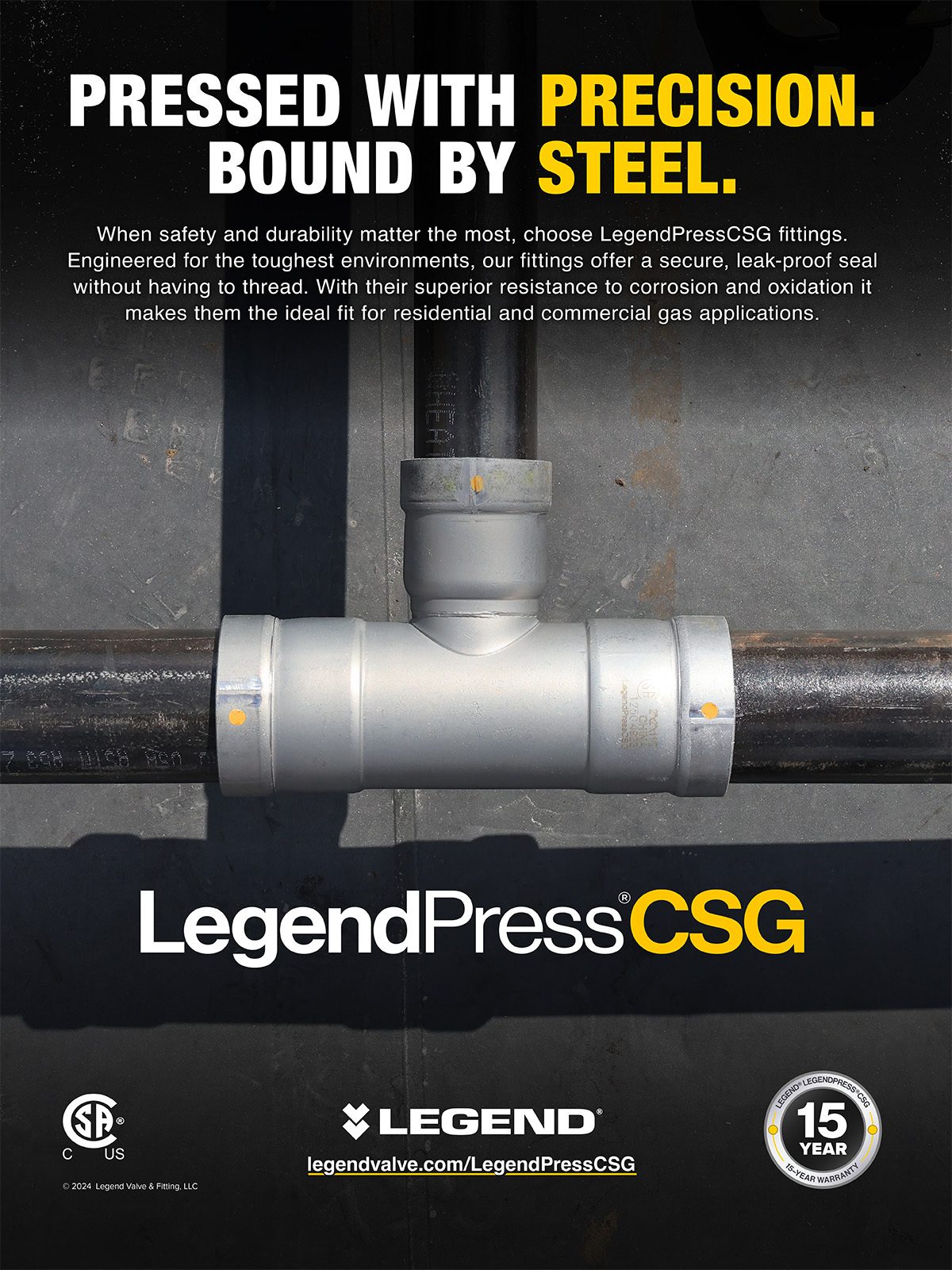 LegendPress CSG pipe fitting connecting pipes, with "Pressed with Precision" headline and branding.