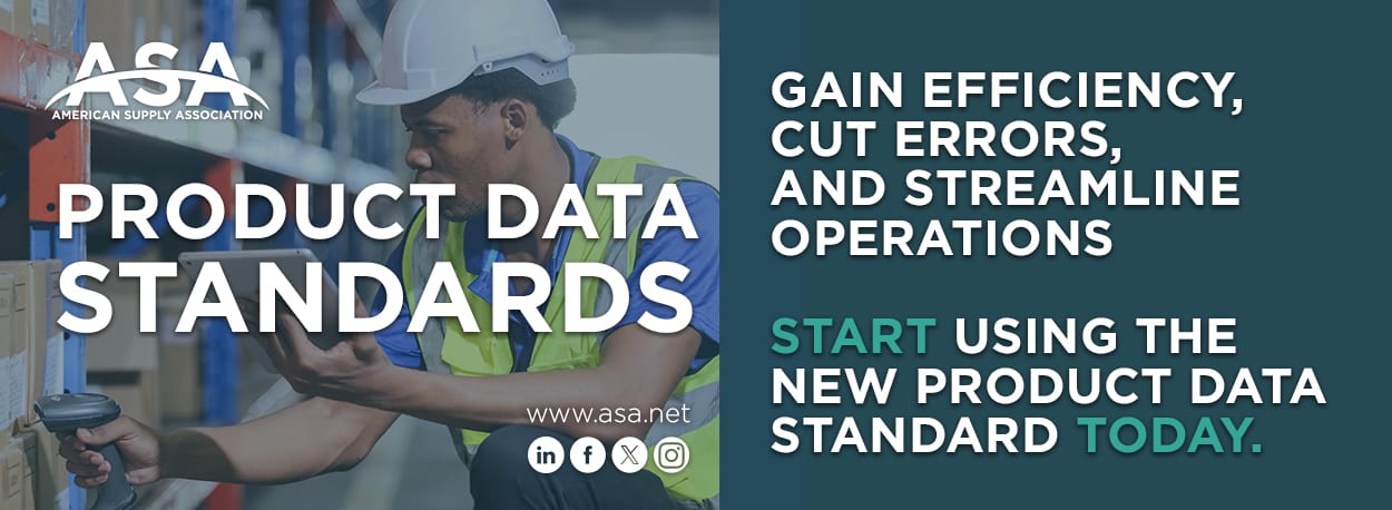 ASA ad: Warehouse worker scanning box, promoting Product Data Standards for efficiency & fewer errors.