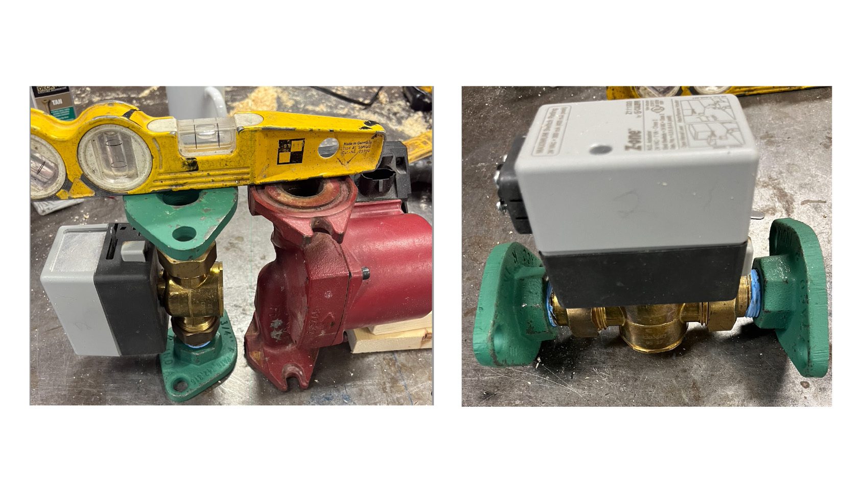 Two views of plumbing components, including pumps, valves, and actuators with a level.