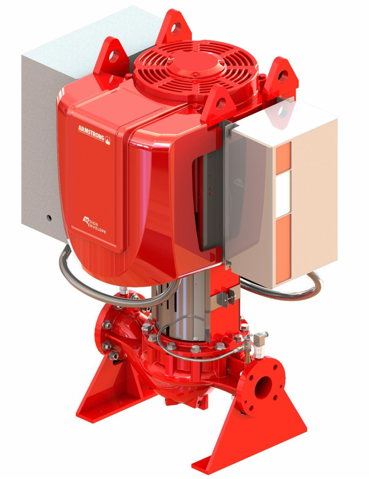 Red Armstrong vertical industrial pump system with top motor and control unit.