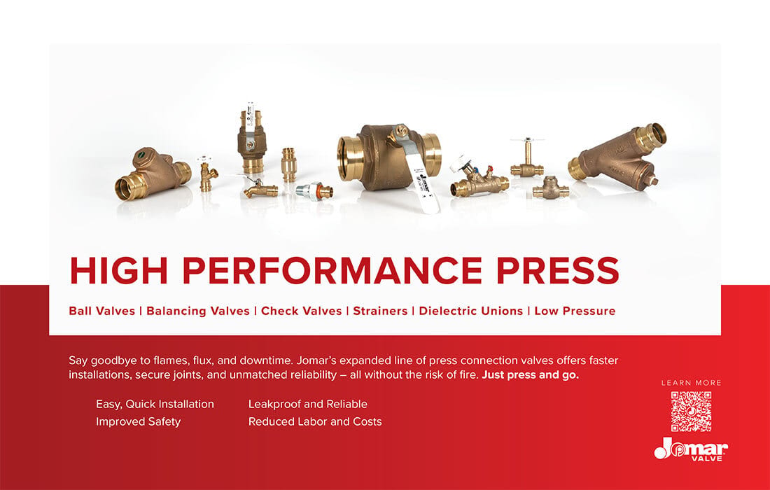 Jomar high-performance brass press connection valves and fittings for quick, reliable, and safe installation.