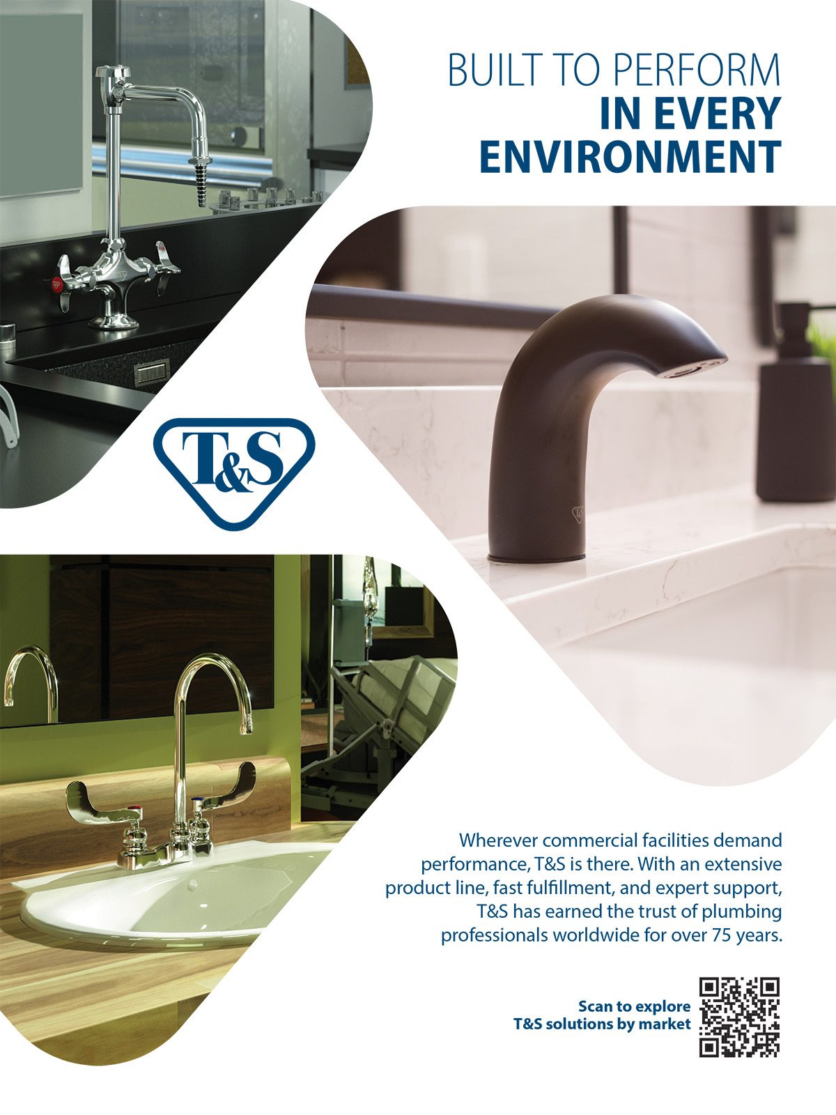 An advertisement for T&S plumbing fixtures, showcasing various commercial faucets in different environments.