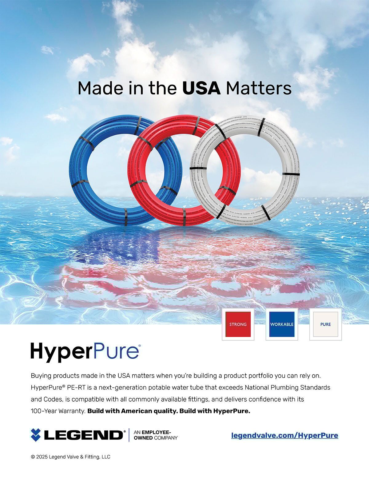HyperPure ad: Red, white, blue pipes, USA flag reflection. Text: "Made in the USA Matters."