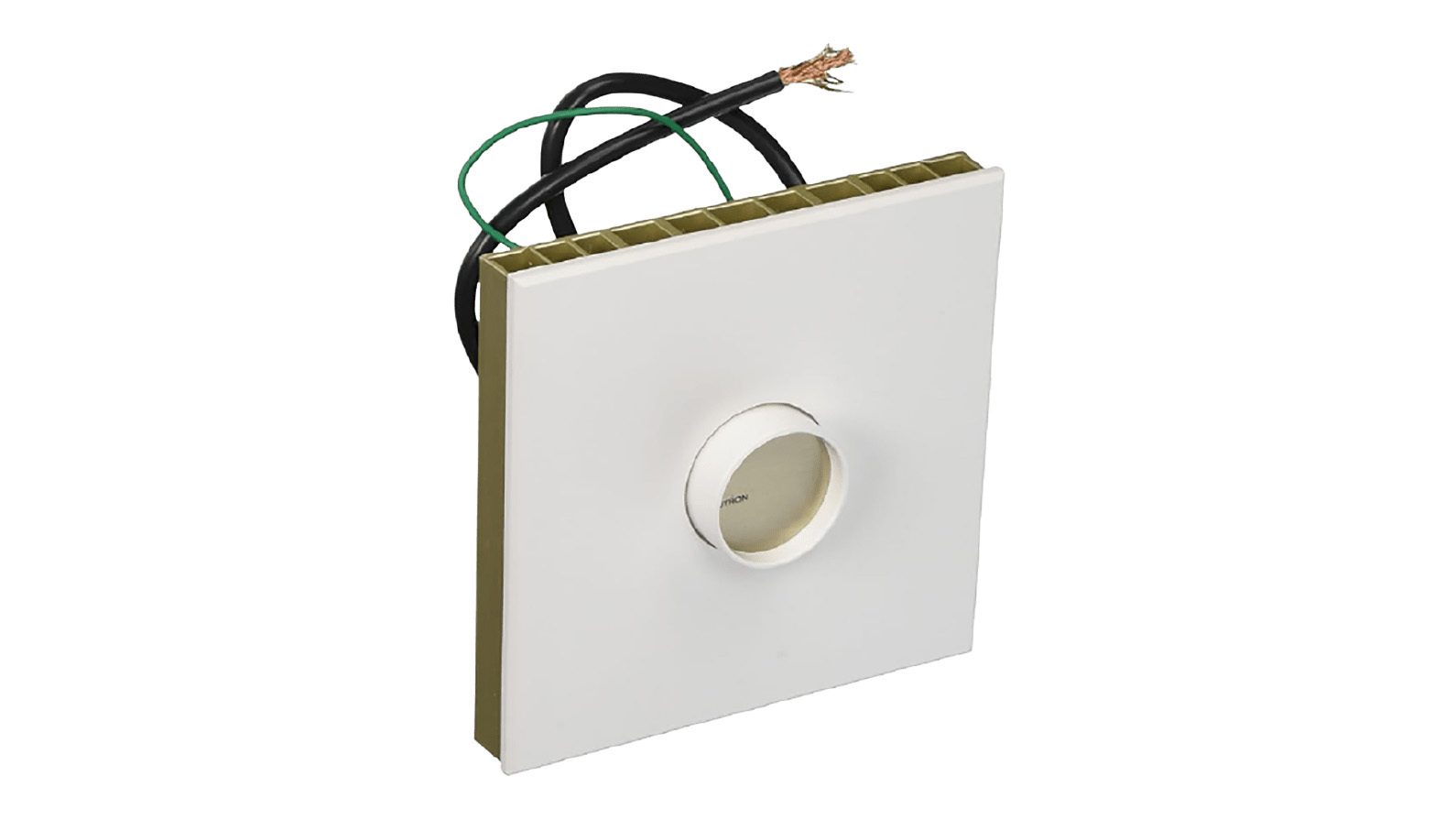 White square electrical device with a central circular opening and exposed black and green wires.