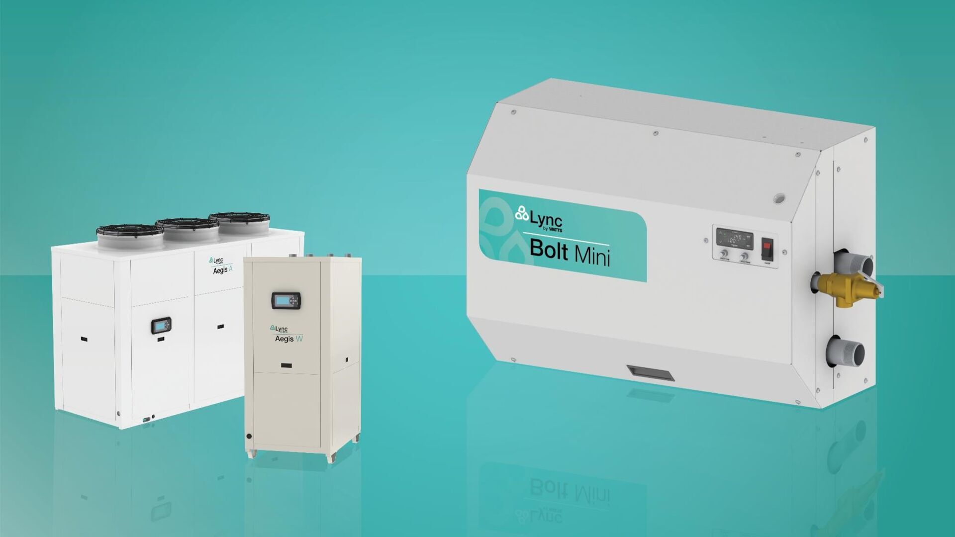 Three Lync HVAC units: Aegis A, Aegis W, and Bolt Mini, against a teal background.