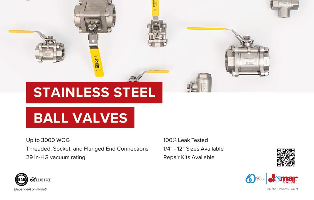 Stainless steel ball valves with various features and sizes, including lead-free and high-pressure ratings.