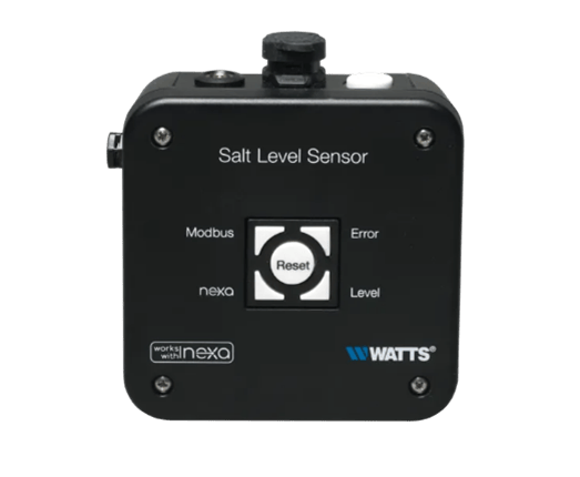 Black salt level sensor with a reset button, status indicators, and branding for Nexa and Watts.