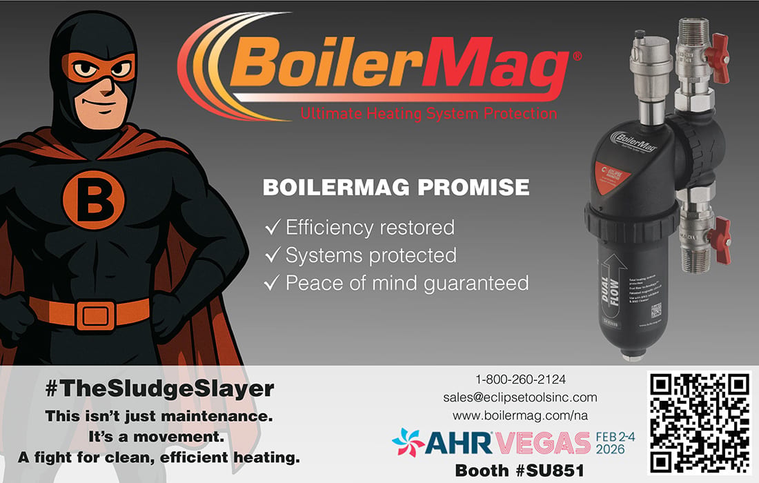 BoilerMag ad with "The Sludge Slayer" superhero, magnetic filter, promising efficiency and system protection.