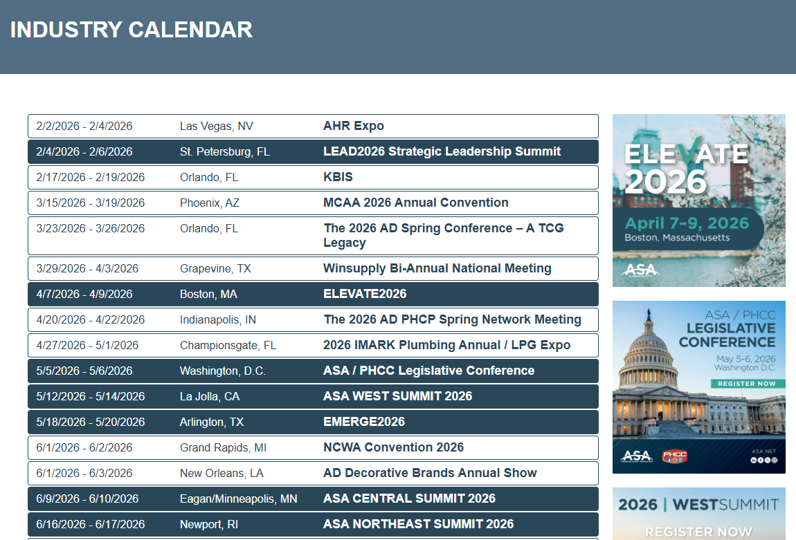Industry calendar listing events with dates, locations, and names, alongside ads for specific events.