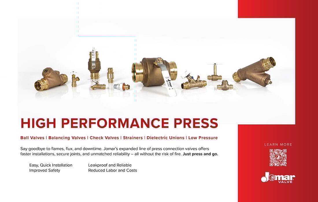 Jomar's high-performance press connection valves and fittings for faster, safer, leakproof installations.