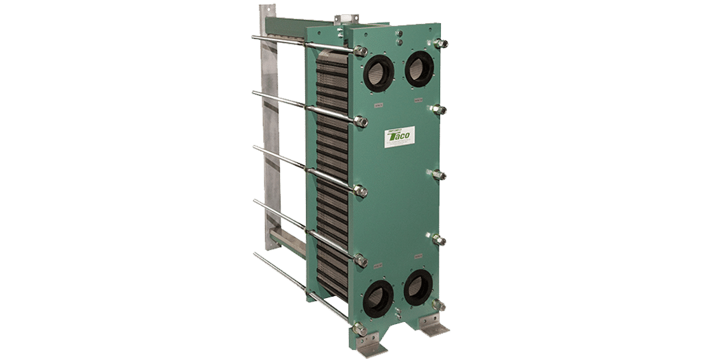 Green plate heat exchanger with multiple metal plates, ports, and connecting rods.