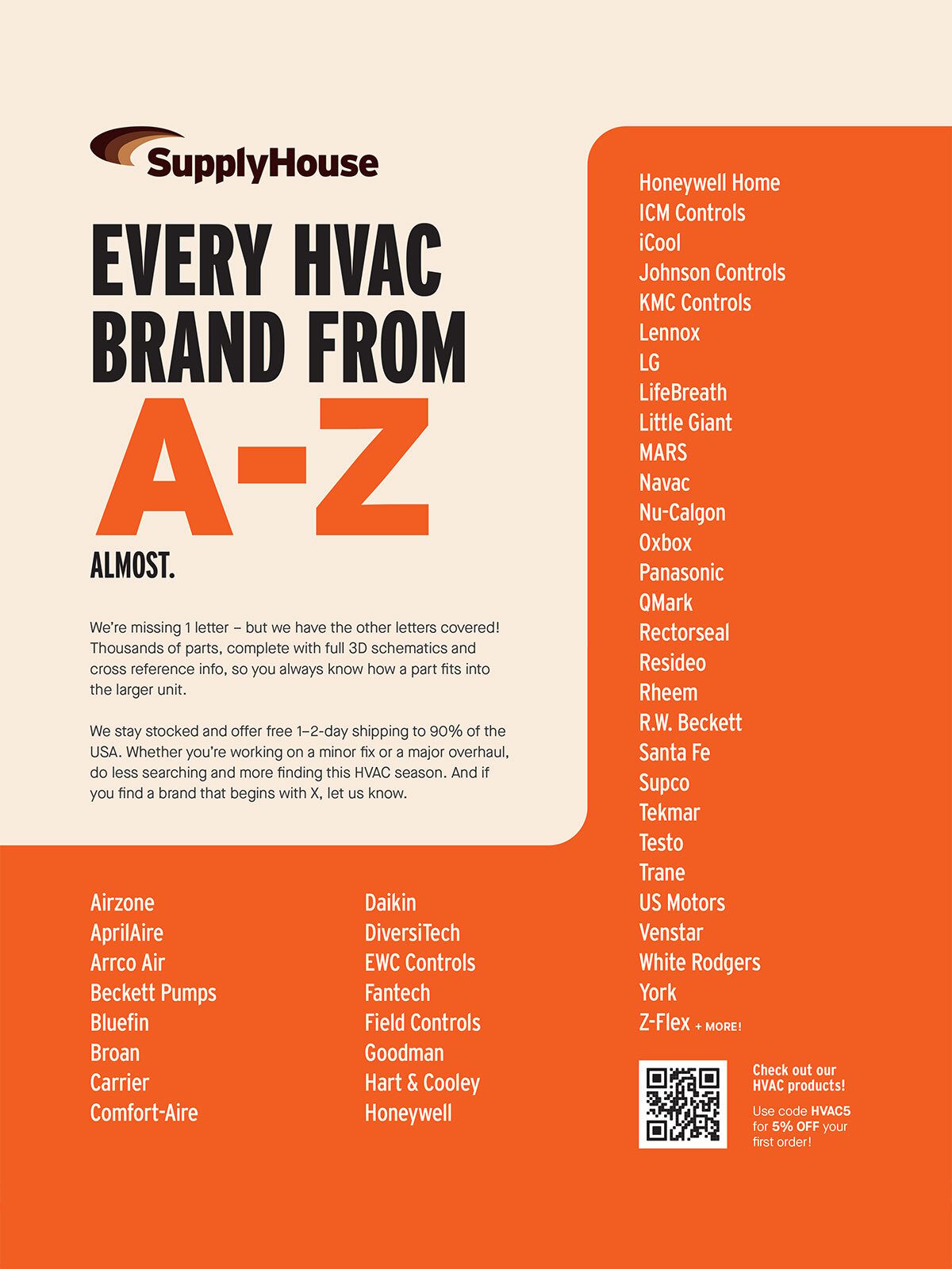 SupplyHouse ad: "Every HVAC Brand from A-Z Almost," listing many brands with a discount code.