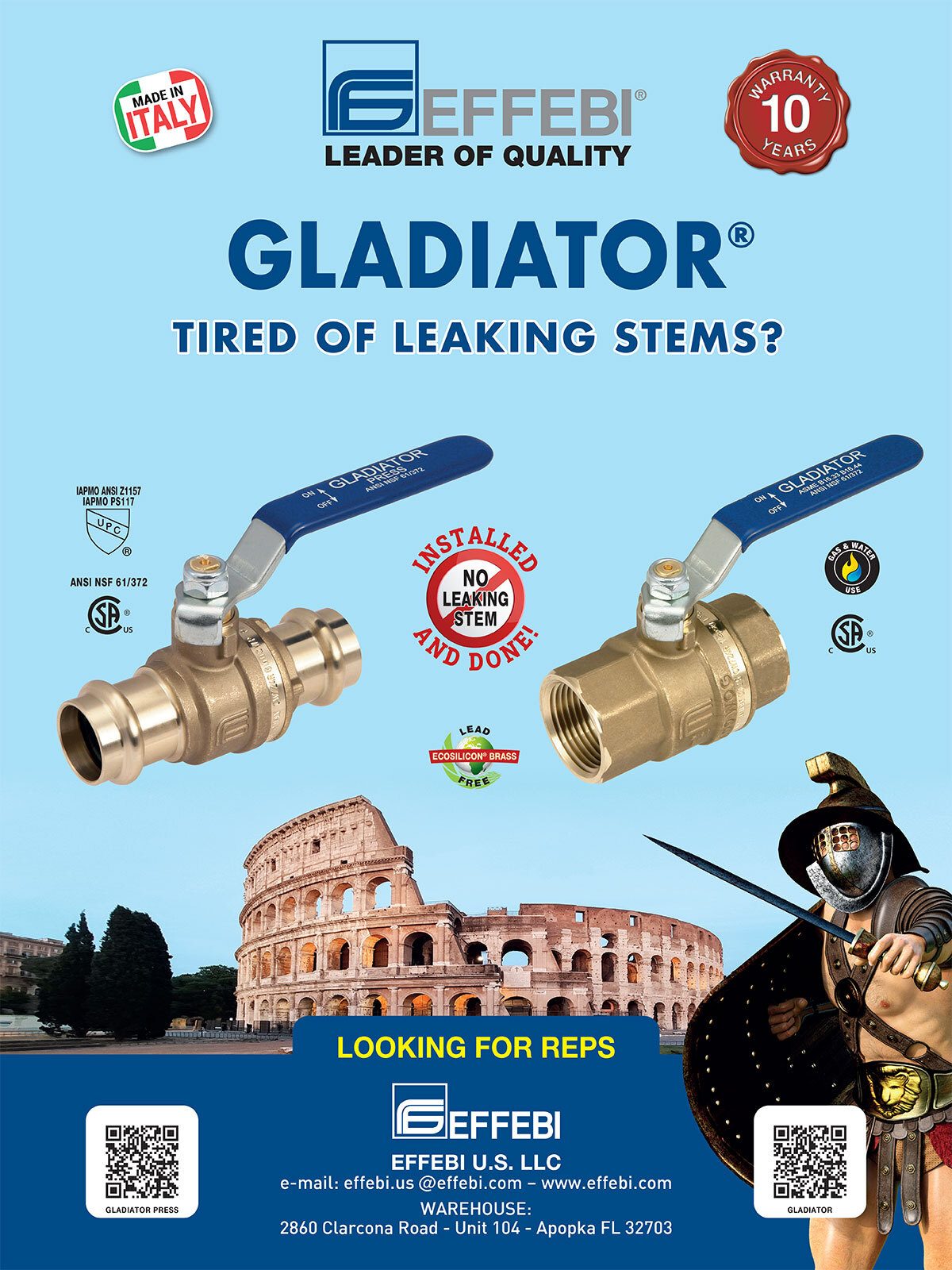 Effebi Gladiator valve ad highlighting "No Leaking Stem". Features valves, warrior, and Colosseum.