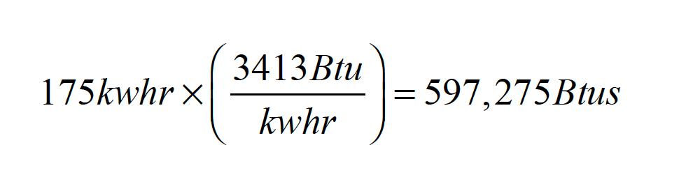 An equation converting 175 kilowatt-hours to Btu using a conversion factor, resulting in 597,275 Btus.