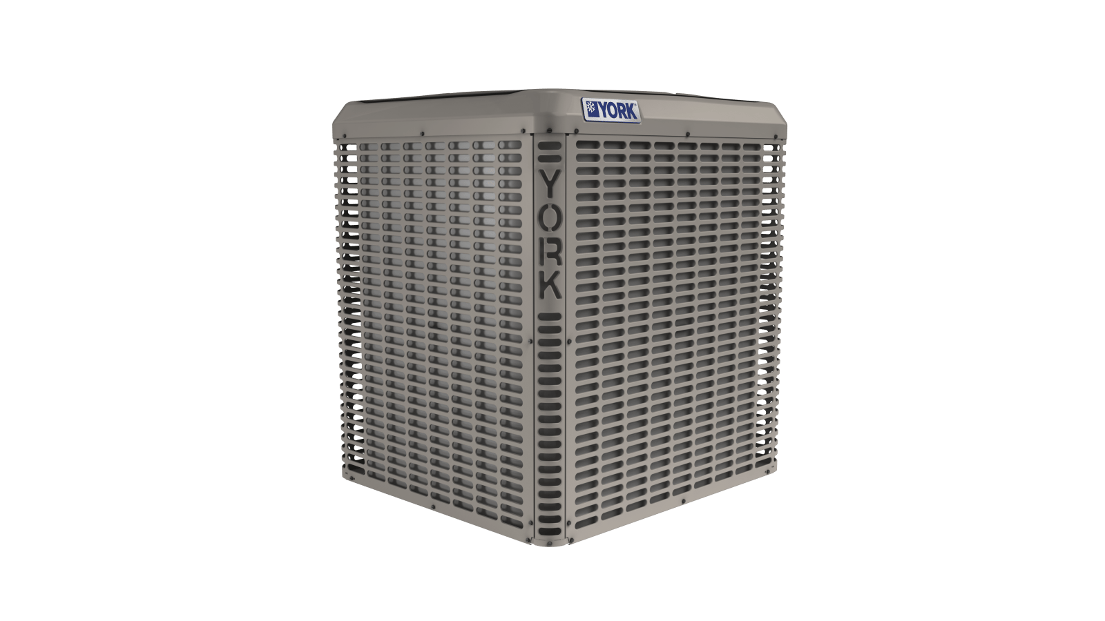 A grey York air conditioning outdoor unit, square-shaped with louvered sides, displaying the 'YORK' logo.