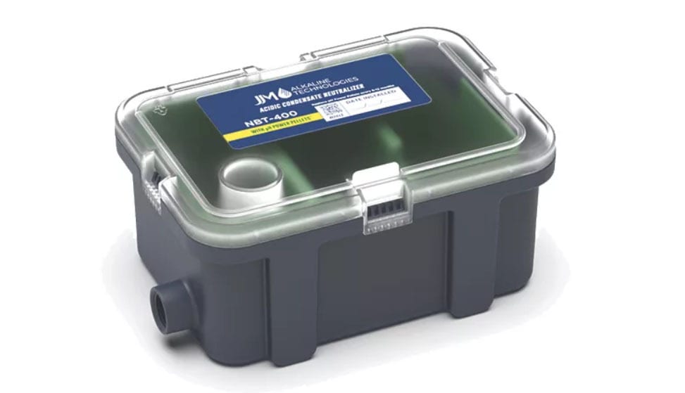 JM NBT-400 Acidic Condensate Neutralizer, a gray box with a clear lid and label, isolated on white.