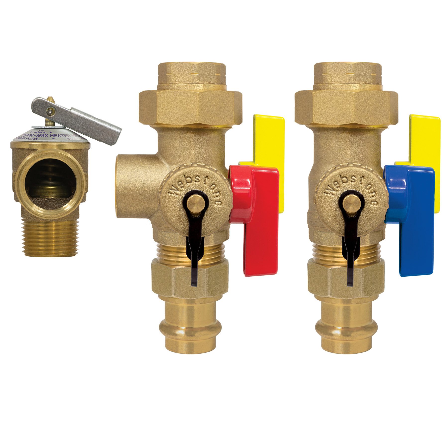Brass plumbing components: a pressure relief valve and two ball valves with colored handles.
