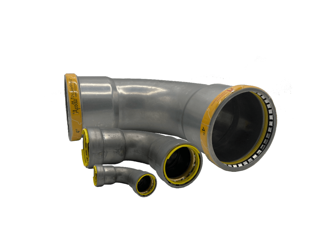 Three gray metal pipe elbows of different sizes, with yellow bands.