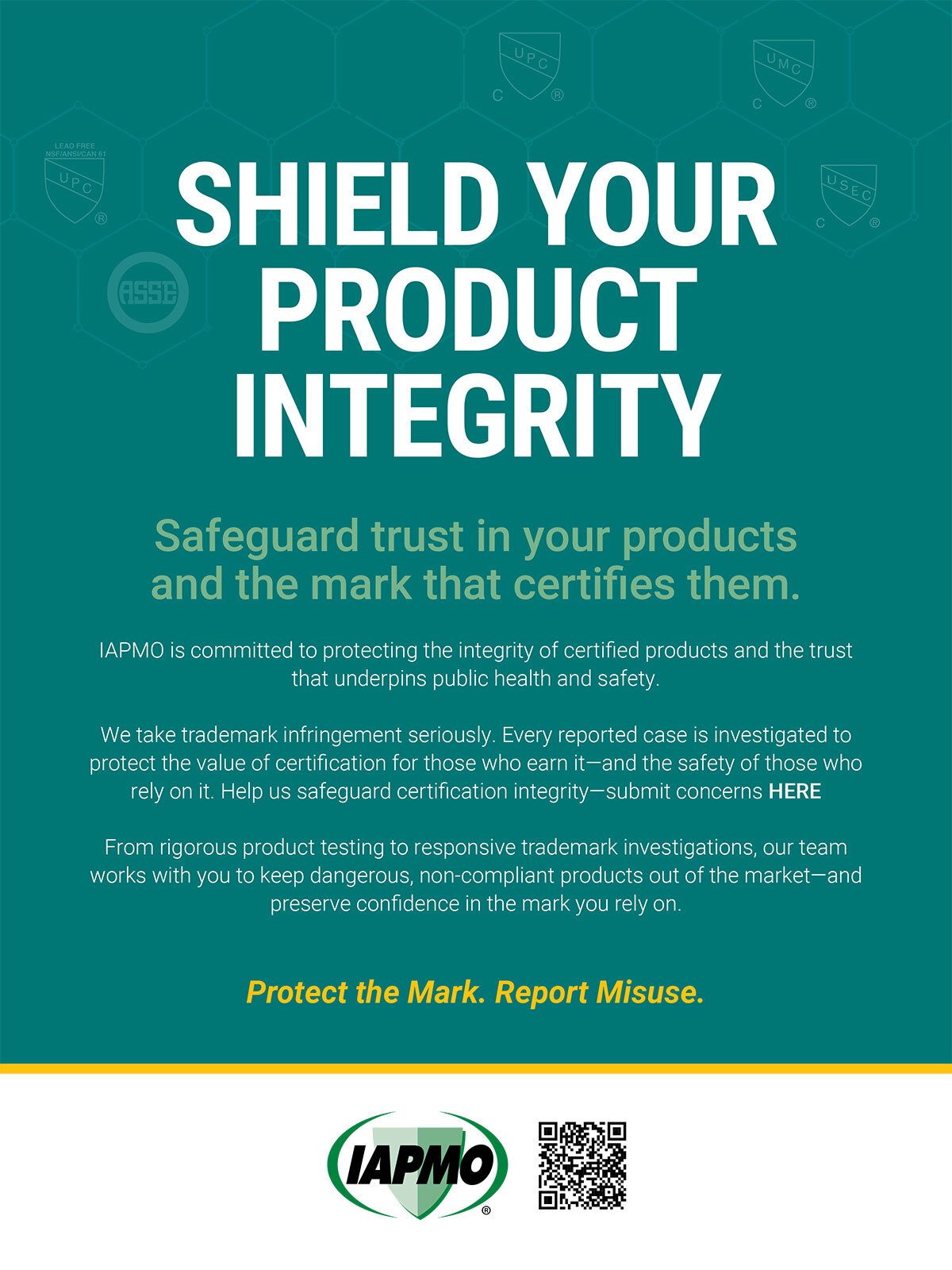 IAPMO flyer: Protect Product Integrity & Report Misuse of Certification Marks.