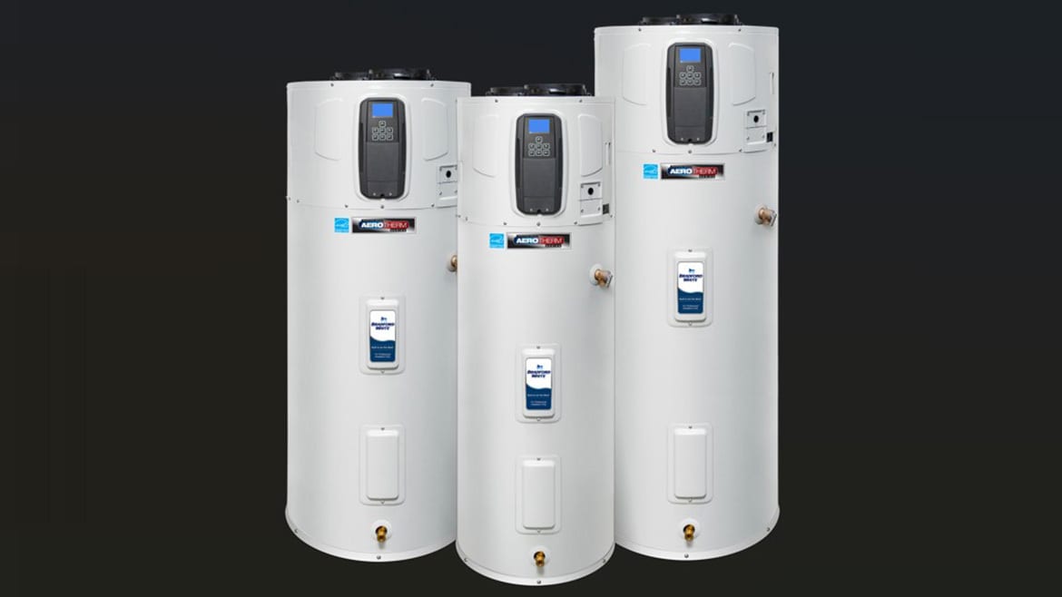 Three white AEROTHERM water heaters with digital controls.