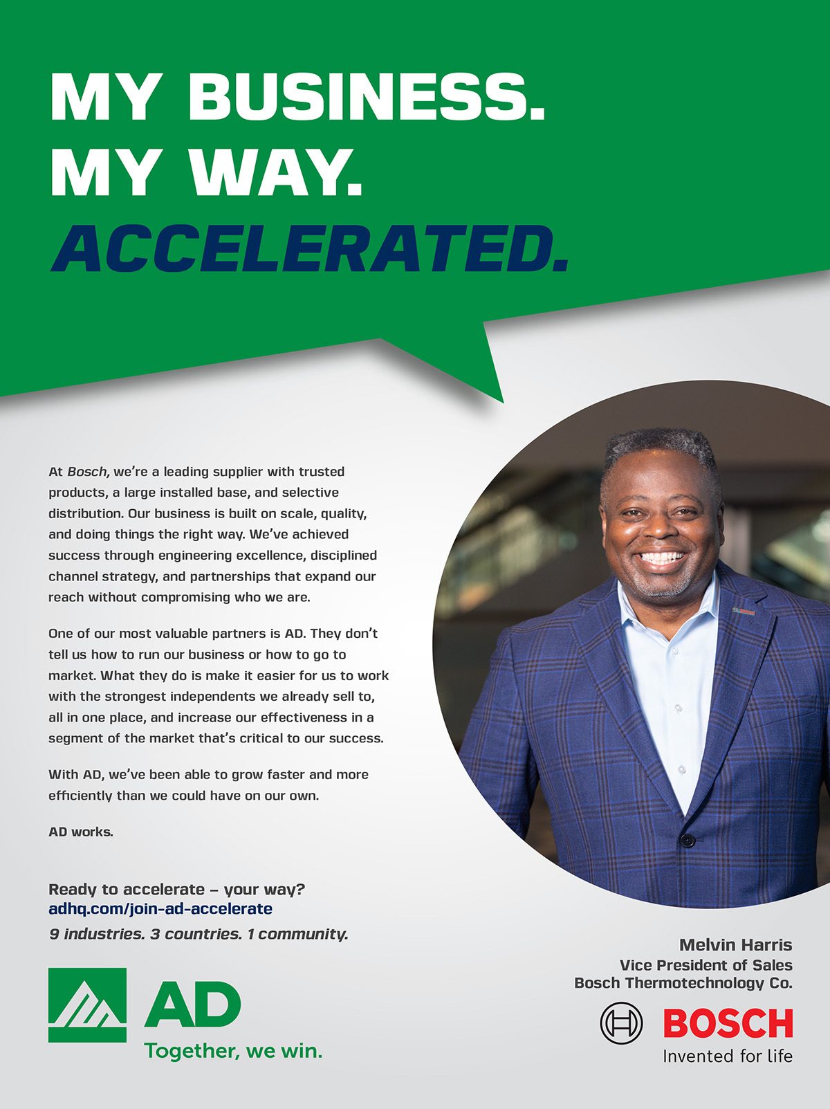 An ad featuring Melvin Harris for Bosch, discussing partnership with AD for business growth.