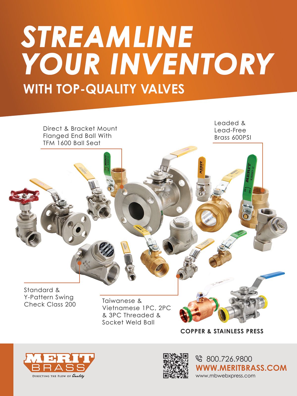 An ad for Merit Brass valves, showcasing various types including ball, check, threaded, and press valves.