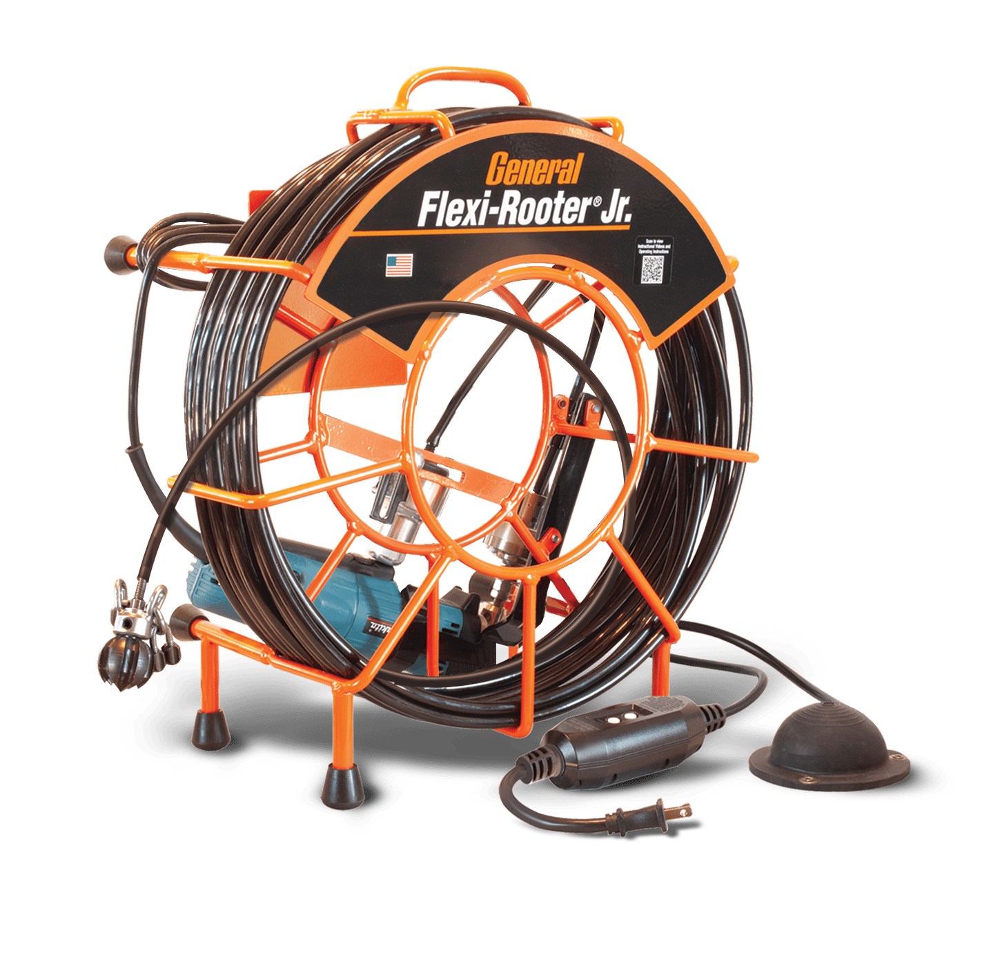 Orange and black General Flexi-Rooter Jr. drain cleaning machine with a coiled cable, motor, and attachments.