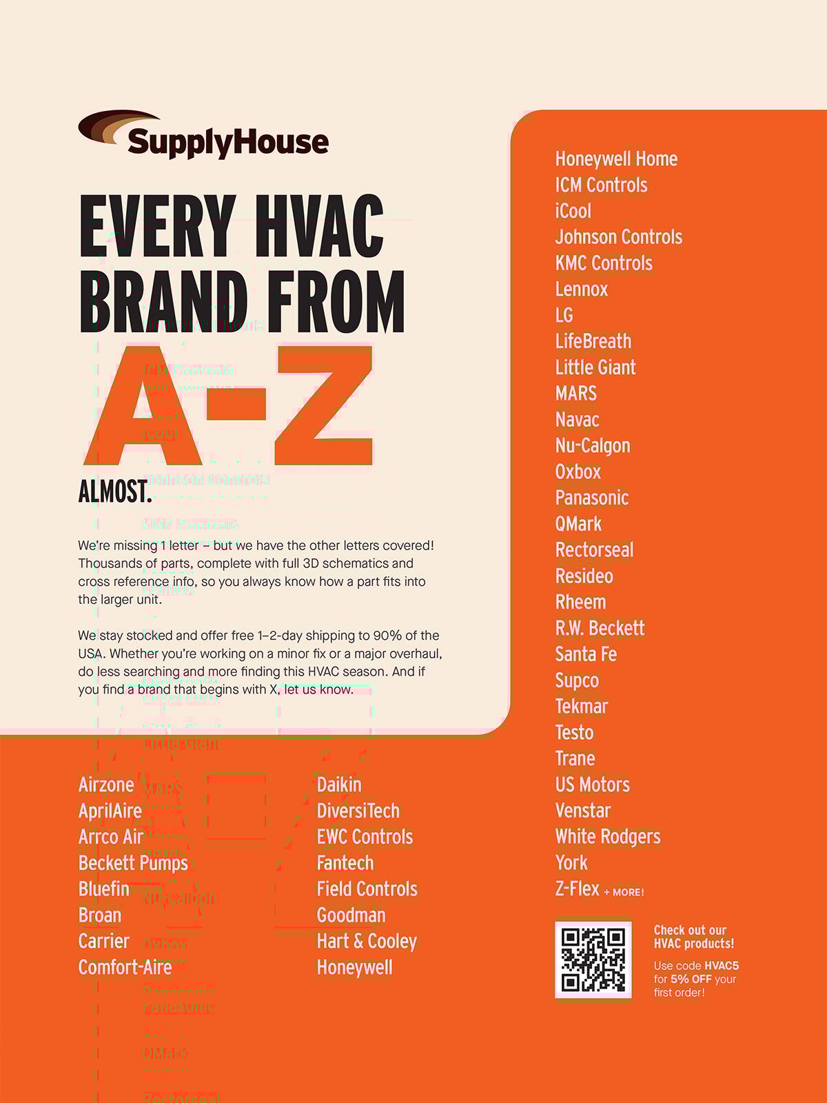 SupplyHouse ad: Every HVAC brand from A-Z (almost), listing many brands.
