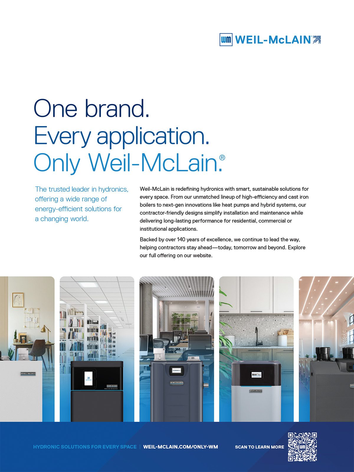 Weil-McLain advertisement: "One brand. Every application." showing hydronic products in various spaces.