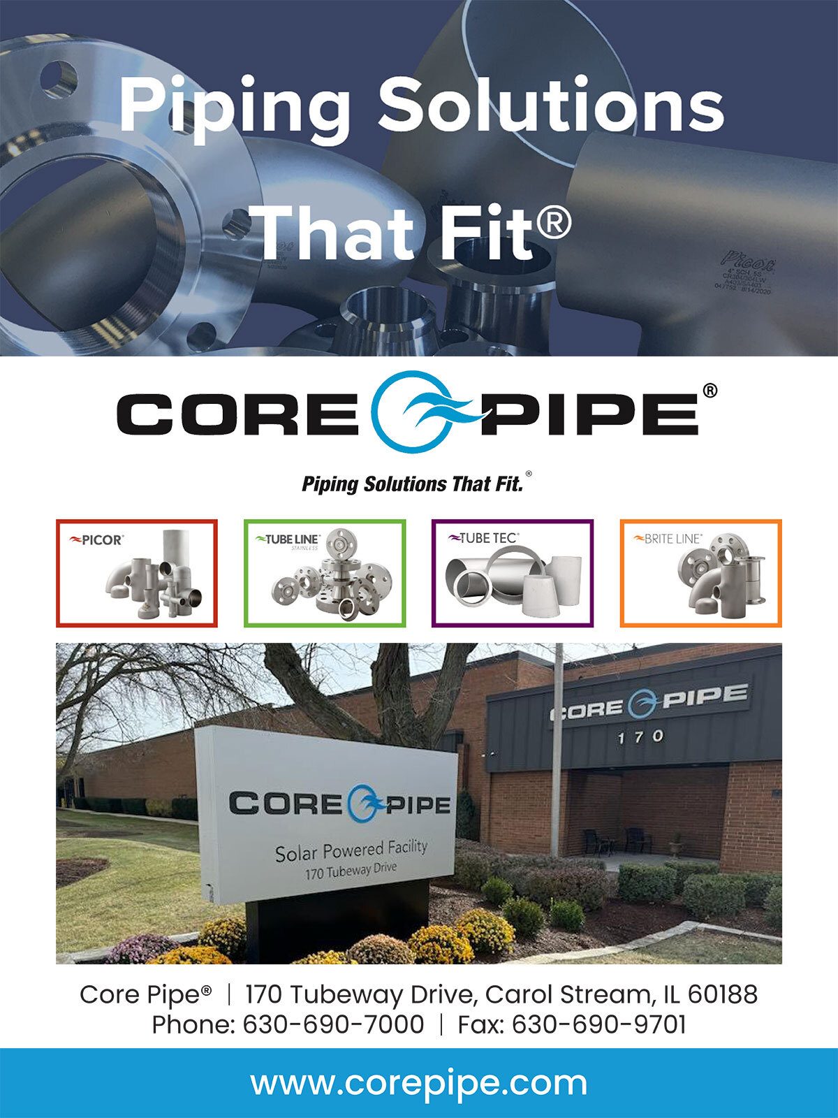 Core Pipe ad: "Piping Solutions That Fit." Shows various pipe products, building, and contact info.