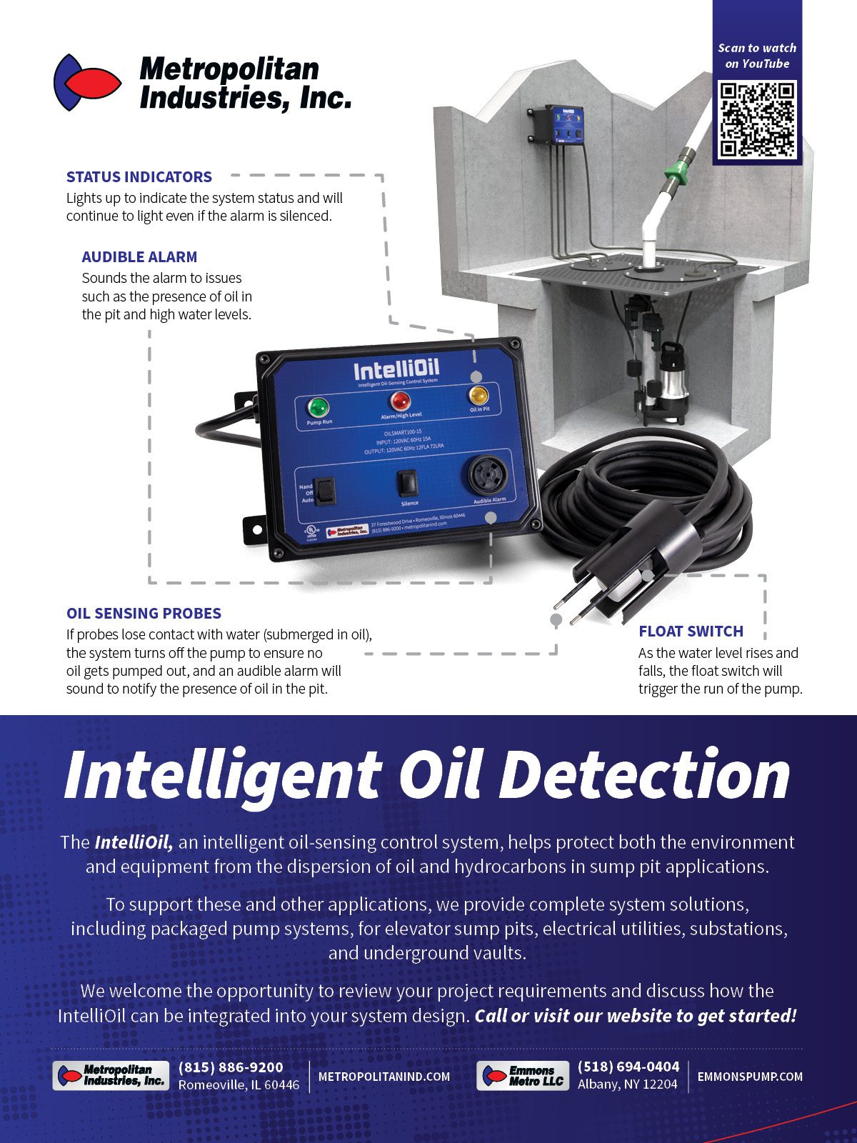 An advertisement for Metropolitan Industries' IntelliOil system, showing the control panel, sump pit, and probes.